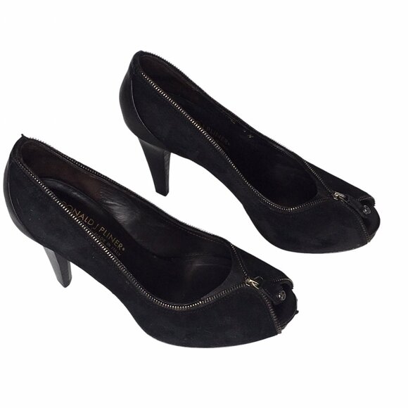 DONALD J PLINER 8M ZEPPEL Black Pump Suede Leather Zipper Trim Peep Toe Heels - Picture 1 of 10